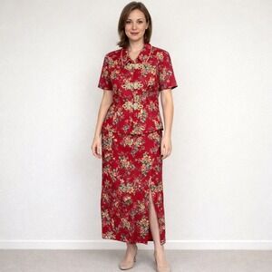 Vintage Donna Morgan Blazer Skirt Set SZ 12 Red Floral Frog Closures Orientalism